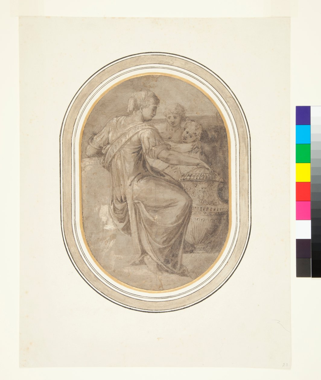 A Sibyl with a Vase and Two Putti, ca. 1540-tallet (Penstetegning i brun vask med noe penneverk forhøyet med hvitt på en grå grunn) av Piero (attr. to) Ligorio