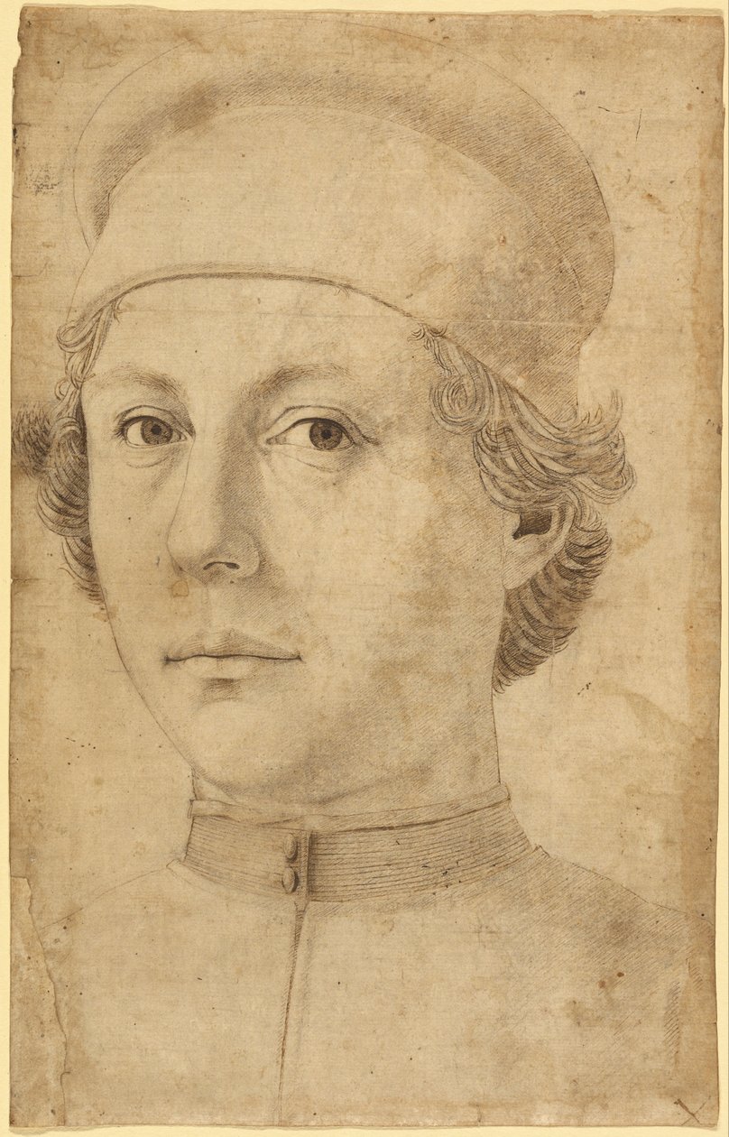 Portrett av en ung mann, hode og skuldre, med lue av Piero del Pollaiolo