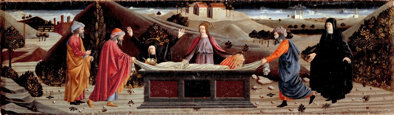 Polyptych of the Misericordia: rundt Jesu Kristi kropp: Saint John, the Jomfru Maria, Saint Mary Magdalena, Saint Joseph of Arimathia og Saint Nicodema av Piero della (school of) Francesca