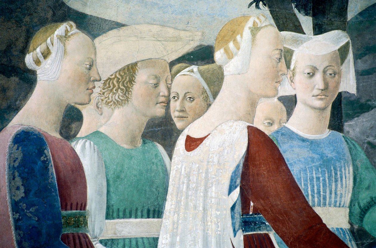 Detalj fra The Legend of the True Cross som viser tilbedelse av tre og møte mellom dronning av Saba og kong Salomo, av Piero della Francesca av Piero della Francesca