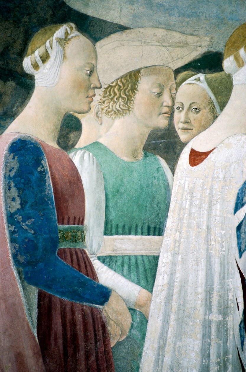Detalj fra The Legend of the True Cross som viser tilbedelse av tre og møte mellom dronning av Saba og kong Salomo, av Piero della Francesca av Piero della Francesca