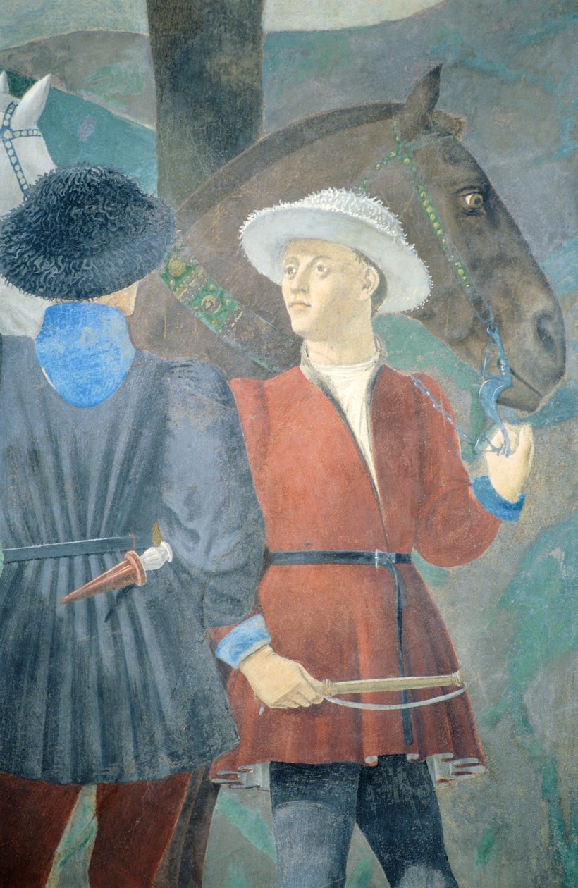Detalj fra The Legend of the True Cross som viser tilbedelse av tre og møte mellom dronning av Saba og kong Salomo, av Piero della Francesca av Piero della Francesca