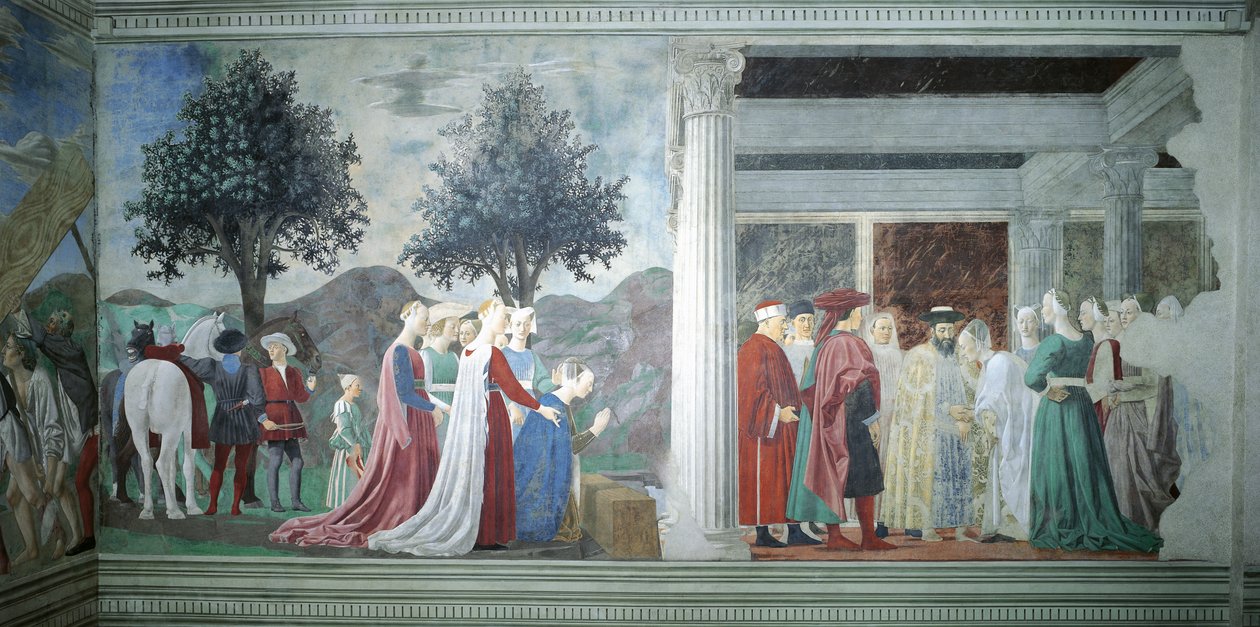Detalj fra legenden om det sanne kors som viser tilbedelse av hellig tre og møte mellom dronning av Saba og kong Salomo, av Piero della Francesca av Piero della Francesca