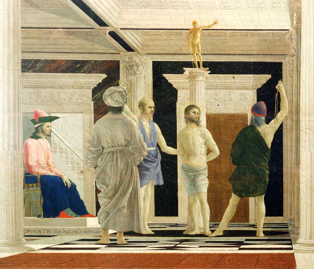 Flagellation of Christ av Piero della Francesca (1412-1492), Tempera på panel, 58x81,5 cm, detalj av Piero della Francesca