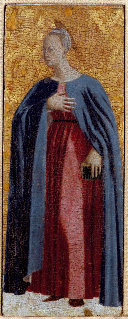 Polyptic of Misericorde: Jomfruen av Misericorde, omgitt av helgener. Detalj som viser Jomfruen til bebudelsen. Maleri på tre av Piero della Francesca (1415/20-1492) 1445-1460 Dim. 54x21 cm Sansepolcro, Pinacoteca Comunale av Piero della Francesca