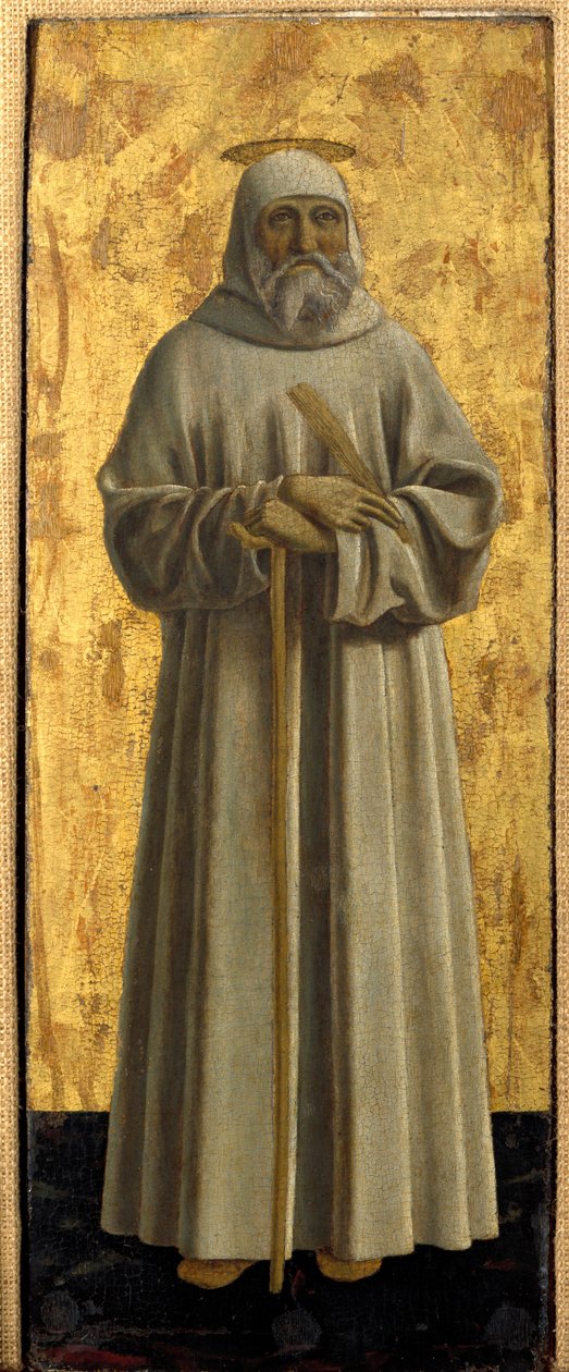 Polyptic of Misericorde: Jomfruen av Misericorde, omgitt av helgener. Detalj som viser Saint Benedict of Nursie. Maleri på tre av Piero della Francesca (1415/20-1492) 1445-1460 Dim. 54x21 cm Sansepolcro, Pinacoteca Comunale av Piero della Francesca