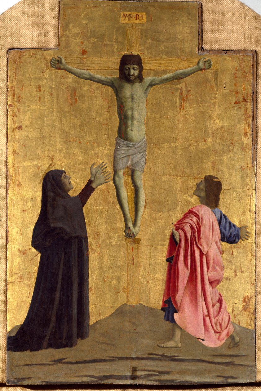 Polyptic of Misericorde: Jomfruen av Misericorde, omgitt av helgener. Detalj som viser korsfestelsen med inskripsjonen "" INRI"" på korset Tremaleri av Piero della Francesca (1415/20-1492) 1445-1460 Dim. 81x52,5 cm Sansepolcro, Pinacoteca C av Piero della Francesca