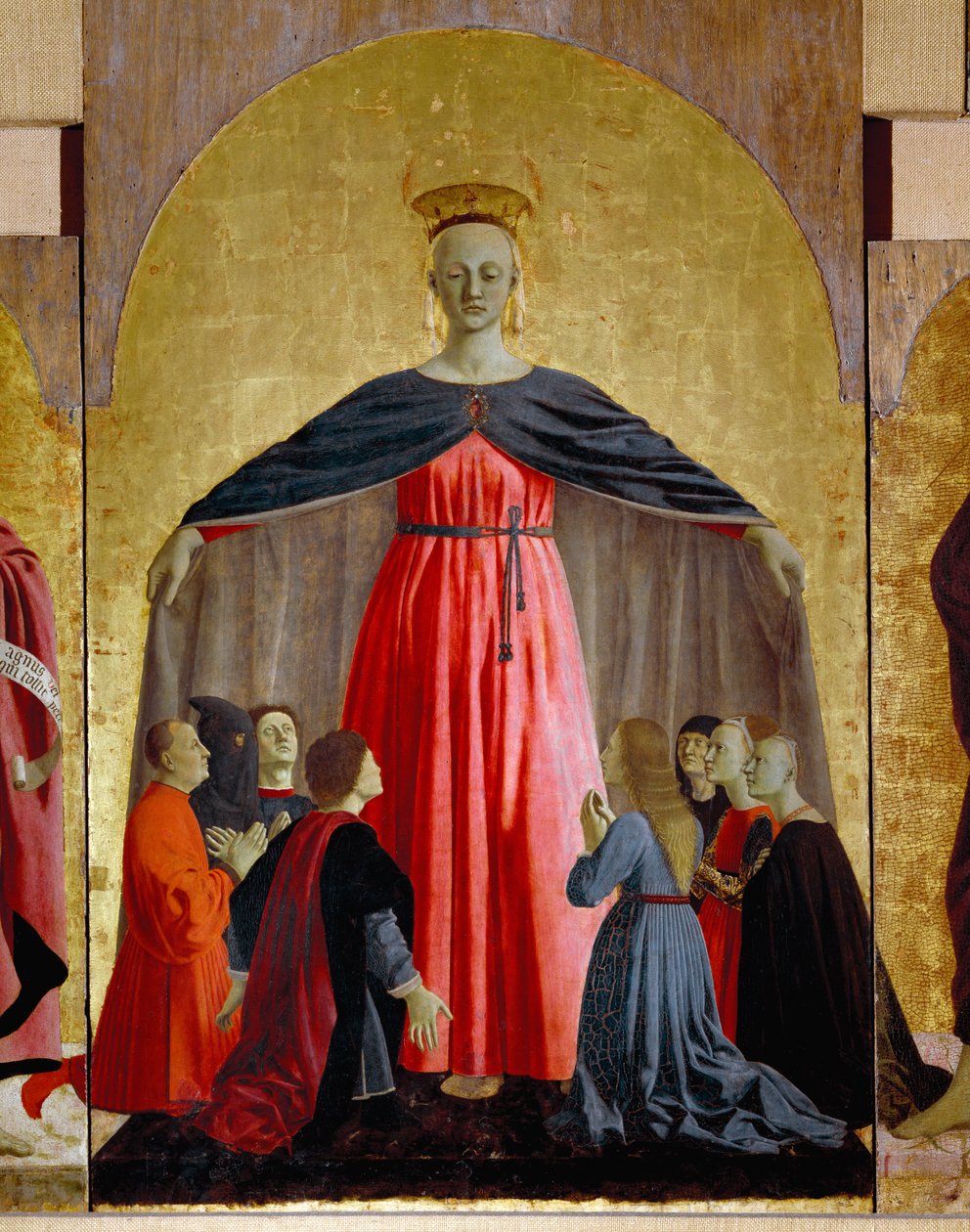 Polyptic of Misericorde: Jomfruen av Misericorde, omgitt av helgener. Detalj som viser jomfru Maria. Maleri på tre av Piero della Francesca (1415/20-1492) 1445-1460 Dim. 134x91 cm Sansepolcro, Pinacoteca Comunale av Piero della Francesca