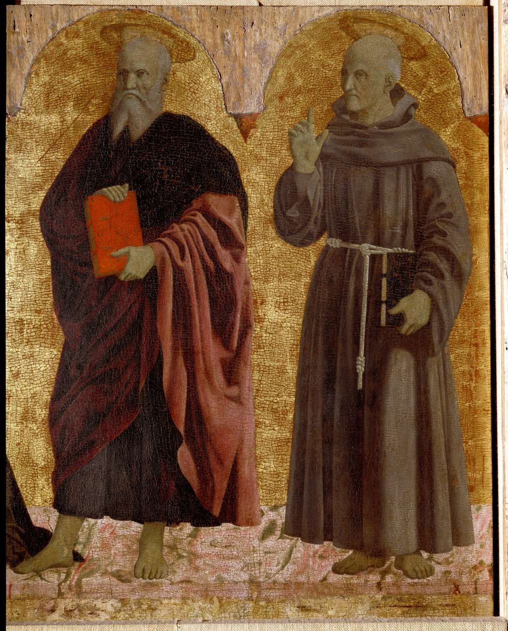 Polyptic of Misericorde: Jomfruen av Misericorde, omgitt av helgener. Detalj som skildrer Saint Andre og Saint Bernardino av Siena (Bernardino da Siena eller Bernardino degli Albizzeschi av Piero della Francesca