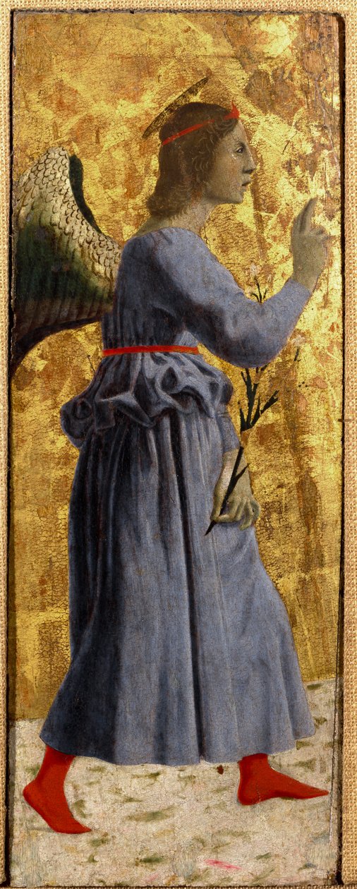 Polyptic of Misericorde: Jomfruen av Misericorde, omgitt av helgener. Detalj som representerer bebudelsens engel. Maleri på tre av Piero della Francesca (1415/20-1492) 1445-1460 Dim. 55x20 cm Sansepolcro, Pinacoteca Comunale av Piero della Francesca