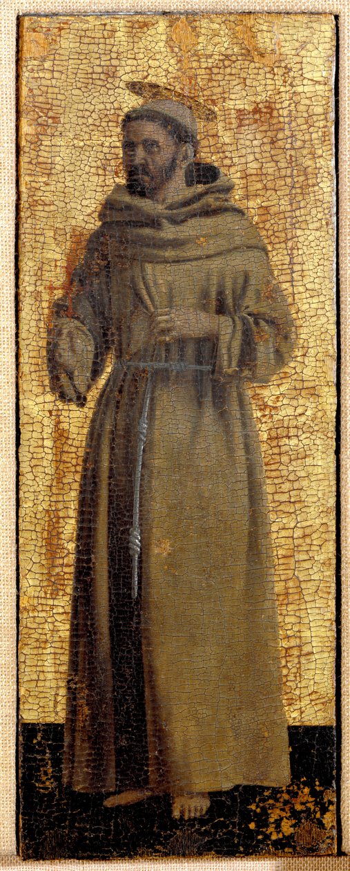 Polyptic of Misericorde: Jomfruen av Misericorde, omgitt av helgener. Detalj som representerer Saint Francois av Assisi. Maleri på tre av Piero della Francesca (1415/20-1492) 1445-1460 Dim. 54x21 cm Sansepolcro, Pinacoteca Comunale av Piero della Francesca