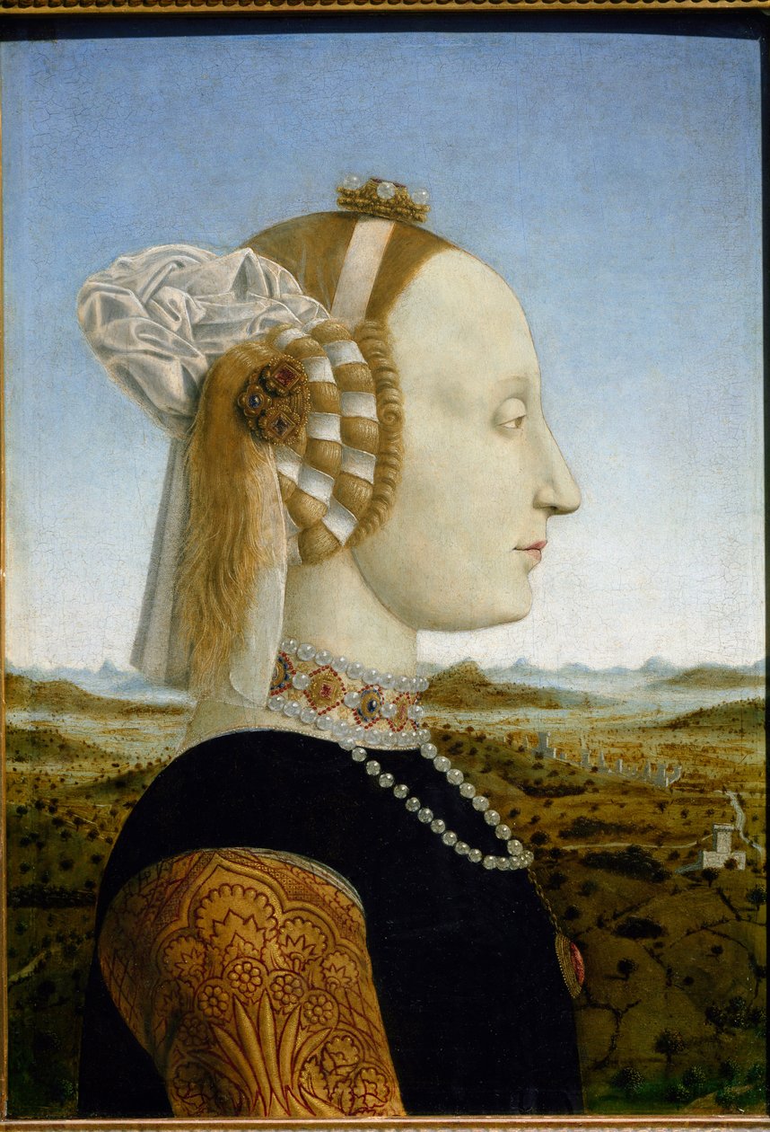 Portrett av Battista Sforza, kone til Federico da Montefeltro, ca. 1465 (tempera og olje på tre) av Piero della Francesca