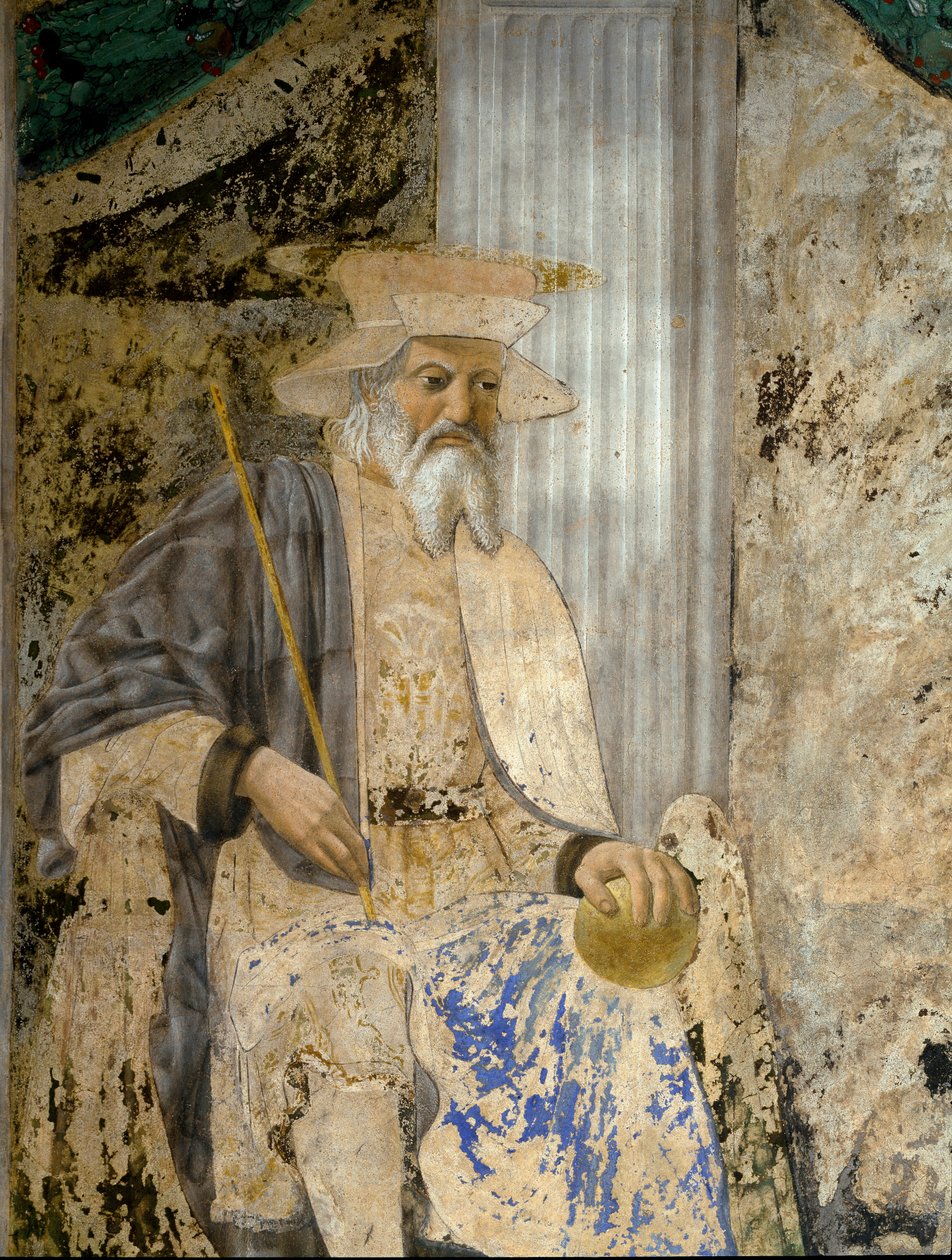 Portrett av Sigismondo Pandolfo Malatesta (1417-1468) i bønn før San Sigismondo (Sigismondo). Detalj av helgenen. Fresco av Pietro di Benedetto dei Franceschi dit Piero della Francesca (1422-1492) av Piero della Francesca
