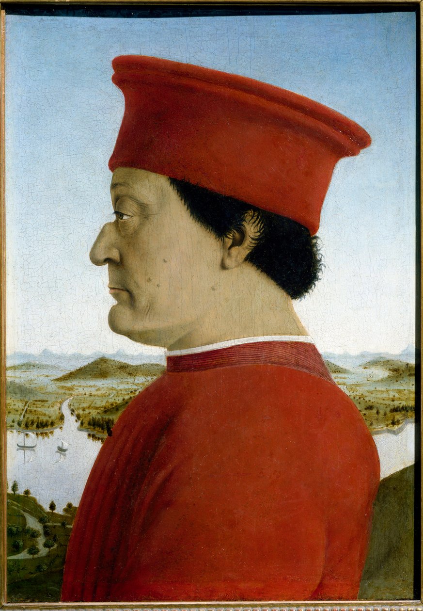 Portretter av Federico de Montefeltro, hertugen av Urbino og Battista Sforza. Detalj som representerer Federico da Montefeltro av Piero della Francesca