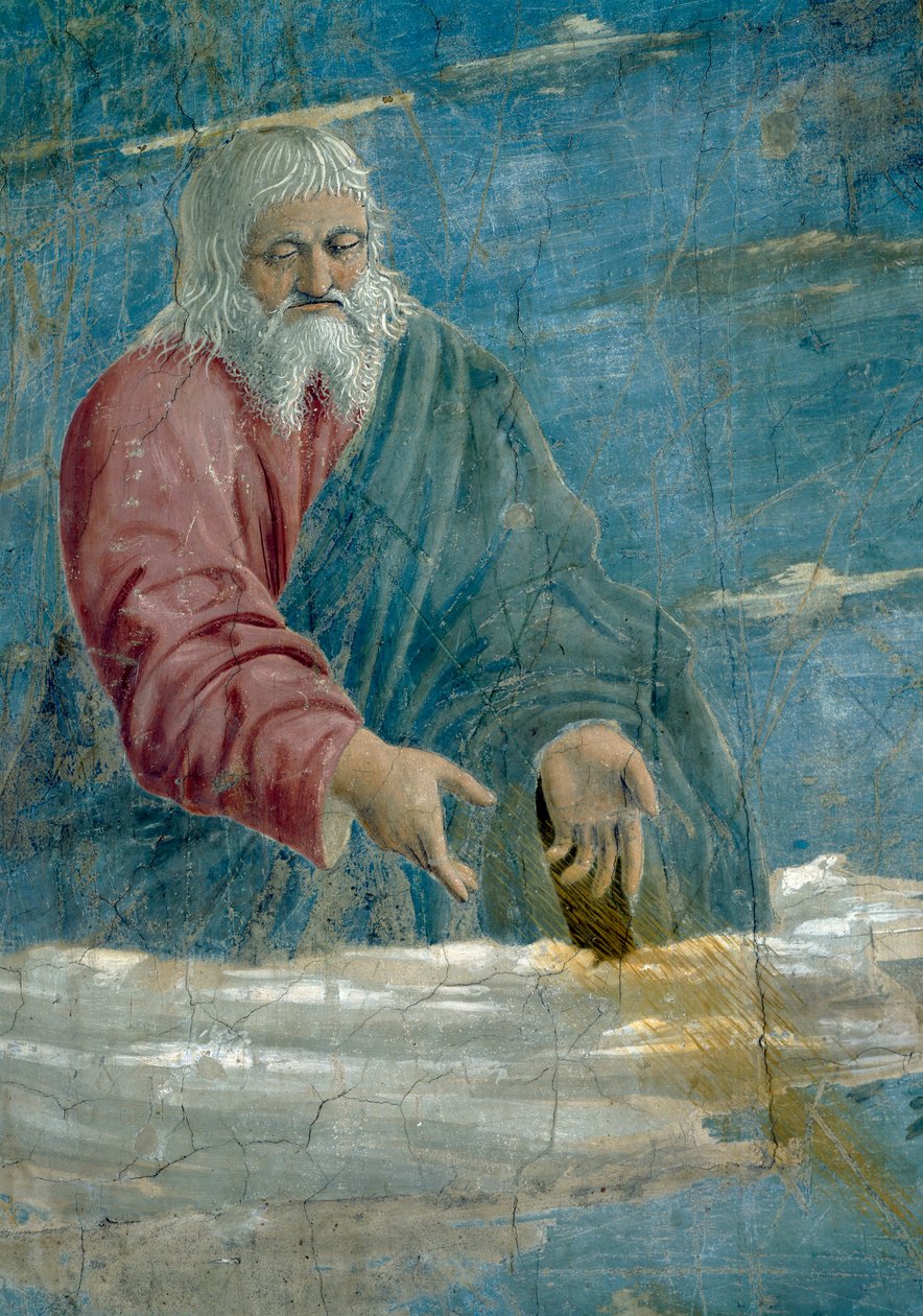 Legenden om det sanne kors, kunngjøringen, detalj av Gud, fullførte 1464 freskomaleri av 58292 av Piero della Francesca