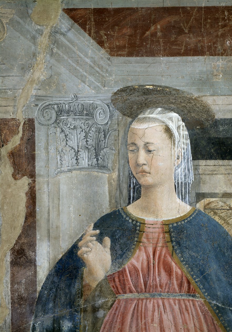 Legenden om det sanne kors, kunngjøringen, detalj av jomfruen, fullførte 1464 freskomaleri av 58292 av Piero della Francesca