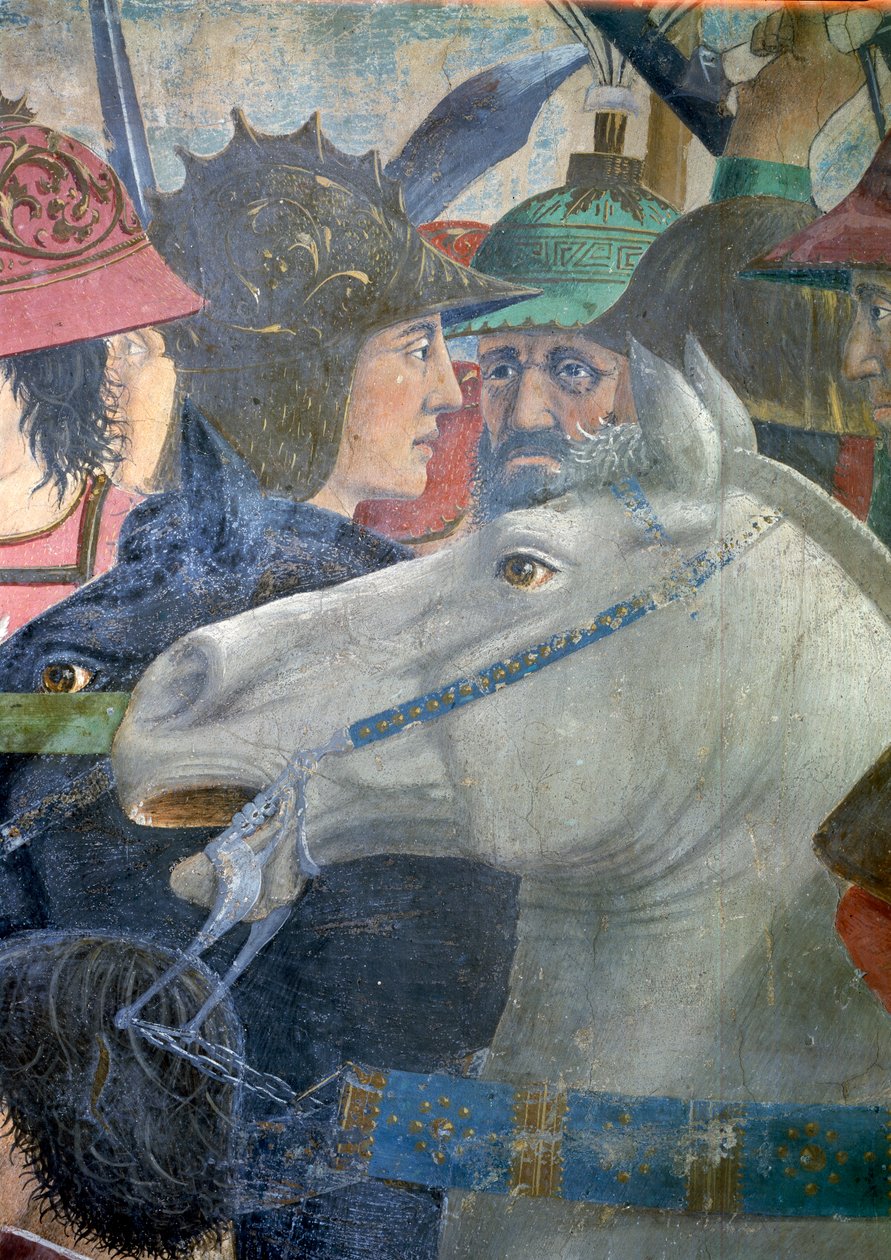 Legenden om det sanne kors, slaget ved Heraclius og Chosroes, detalj av en hest og soldater, fullførte freske fra 1464 av Piero della Francesca