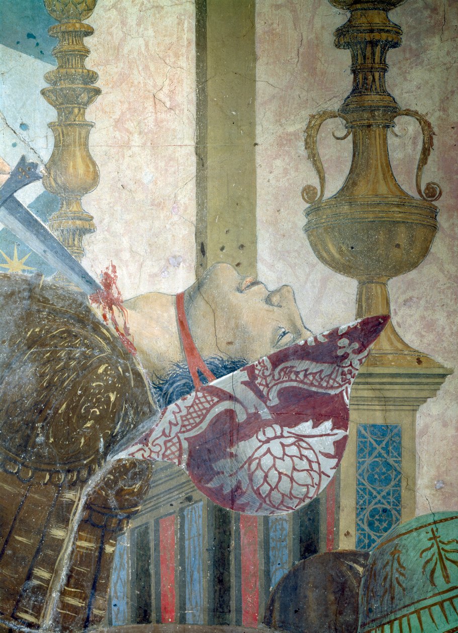 Legenden om det sanne kors, slaget ved Heraclius og Chosroes, detalj av en mann som har fått halsen skåret over, fullført freskomaleri fra 1464 av Piero della Francesca