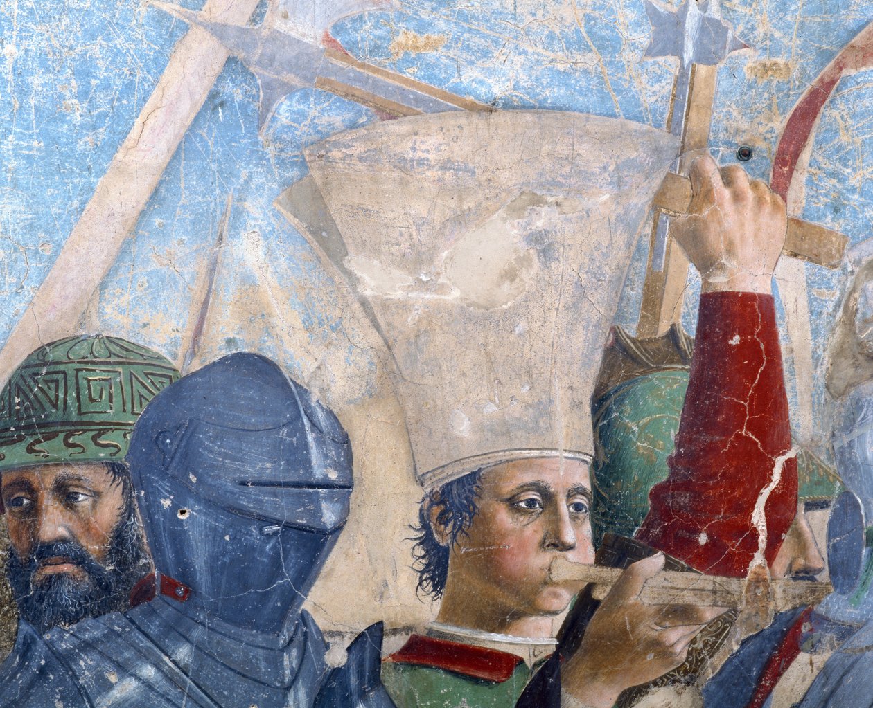 Legenden om det sanne kors, slaget ved Heraclius og Chosroes, detalj av en trompetist, fullført freskomaleri fra 1464 av Piero della Francesca