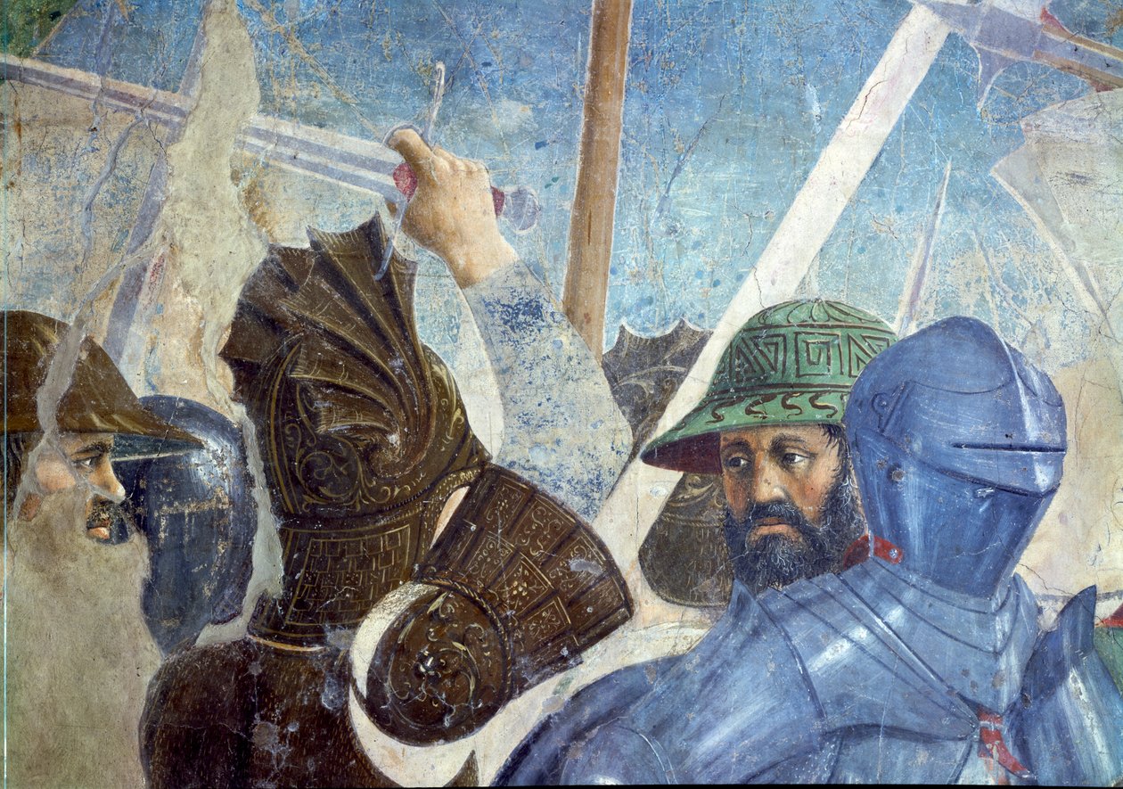 Legenden om det sanne kors, slaget ved Heraclius og Chosroes, detalj av soldater, fullført freske fra 1464 av Piero della Francesca