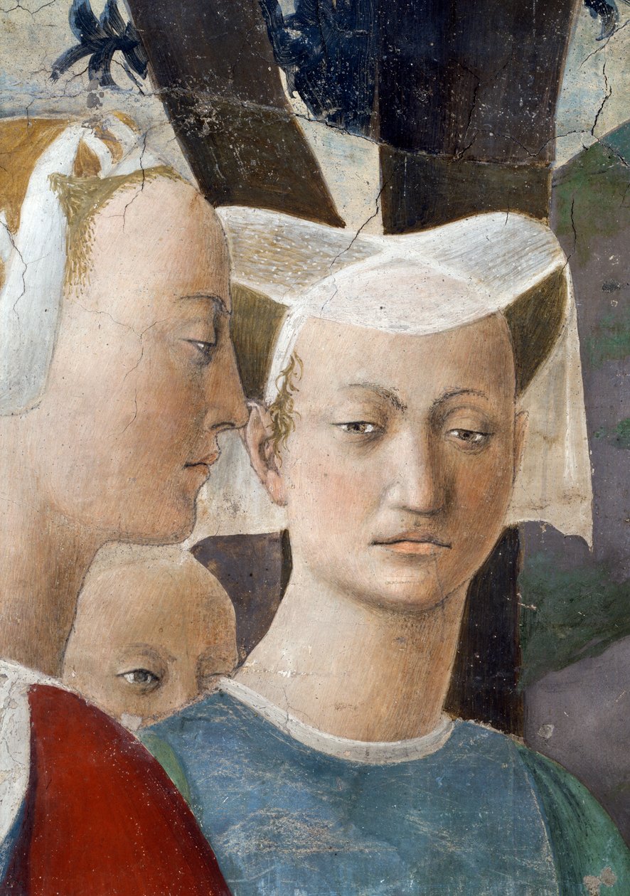 Legenden om det sanne kors, dronningen av Saba som tilber korsskogen, detalj av dronningen og en ledsager, fullført freskomaleri fra 1464 av Piero della Francesca