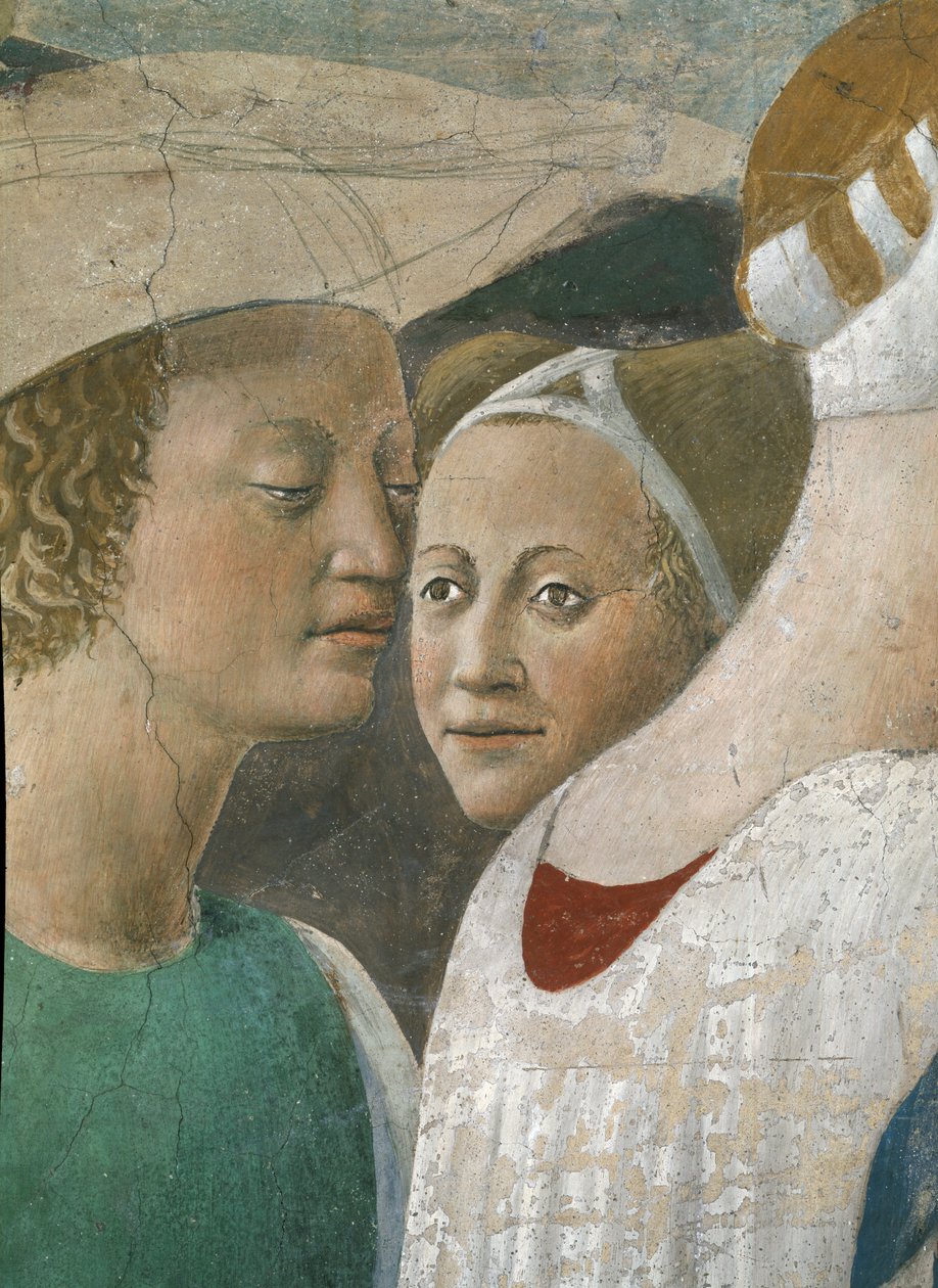 Legenden om det sanne kors, dronningen av Saba som tilber korsskogen, detalj av to ledsagere, fullførte freskomaleri fra 1464 av Piero della Francesca