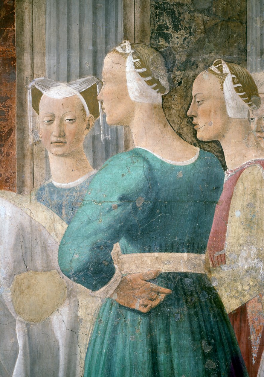 Legenden om det sanne kors, dronningen av Saba som tilber korsskogen, detalj av tre kvinnelige ledsagere, fullførte freskomaleri fra 1464 av Piero della Francesca