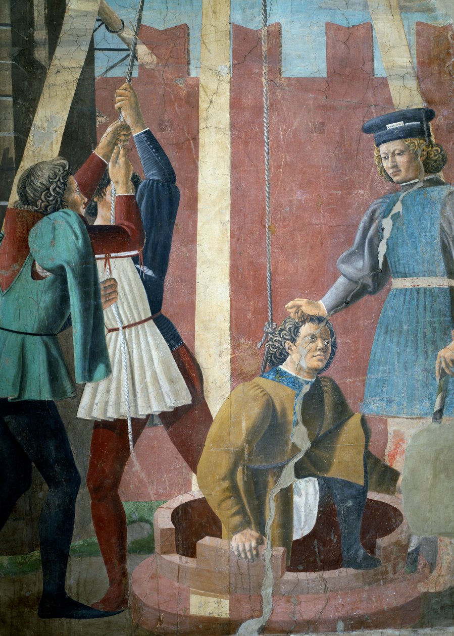 Legenden om det sanne kors, torturen til jøden, detalj av Judas som ble trukket fra brønnen, fullført 1464 freskomaleri av 58293, se også 116372 av Piero della Francesca