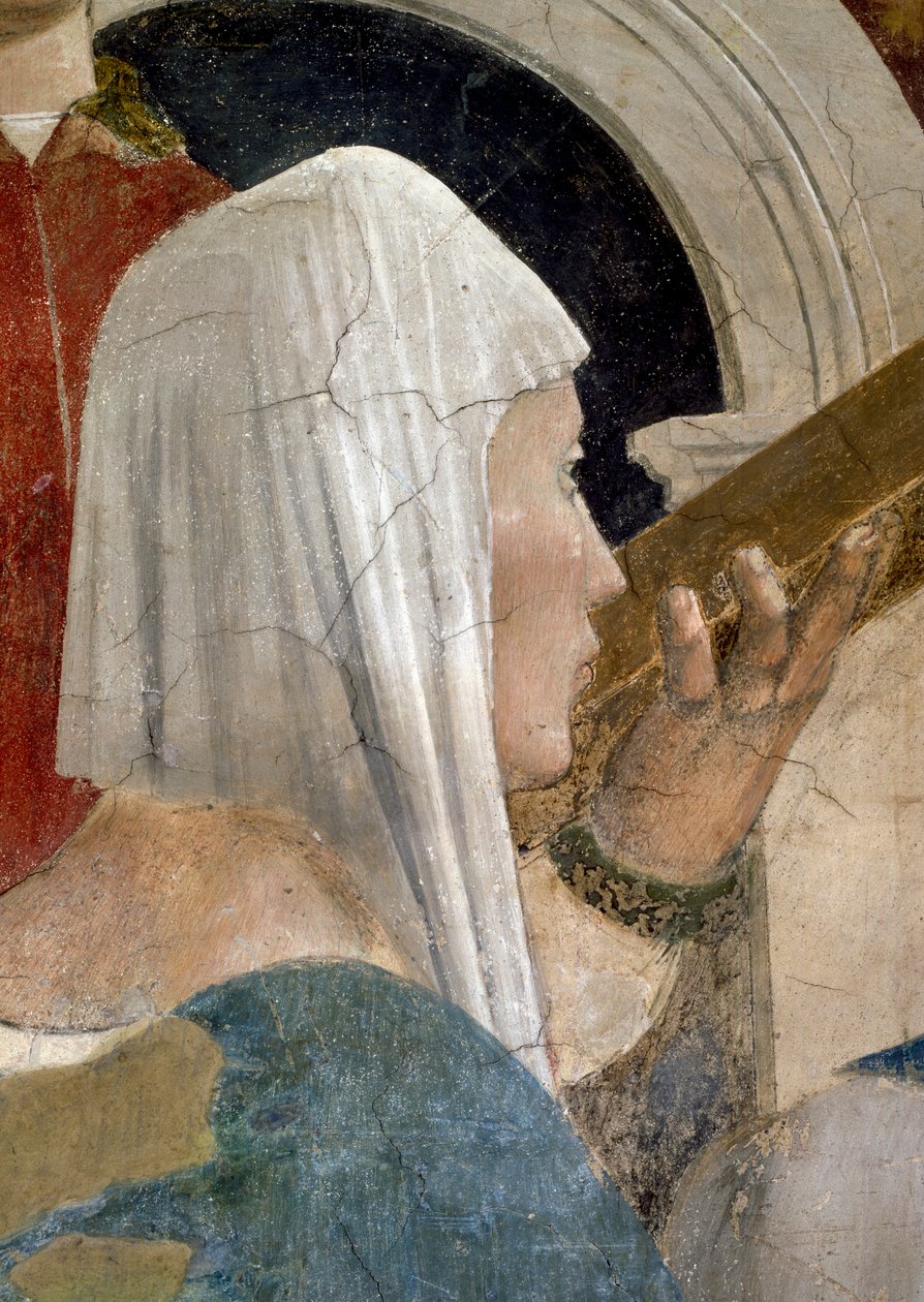 The Legend of the True Cross, the Verification of the Cross, detalj av dronningen av Saba kysser korset, fullført freskomaleri fra 1464 av Piero della Francesca
