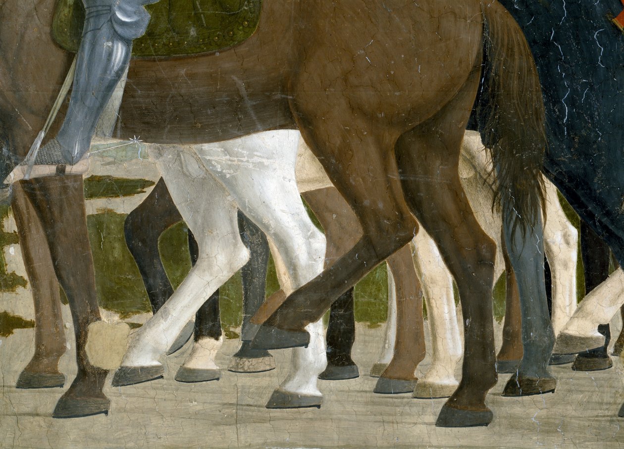 Legenden om det sanne kors, Konstantins seier i slaget ved Milvian Bridge, detalj av hestens føtter, fullført freskomaleri fra 1464 av Piero della Francesca
