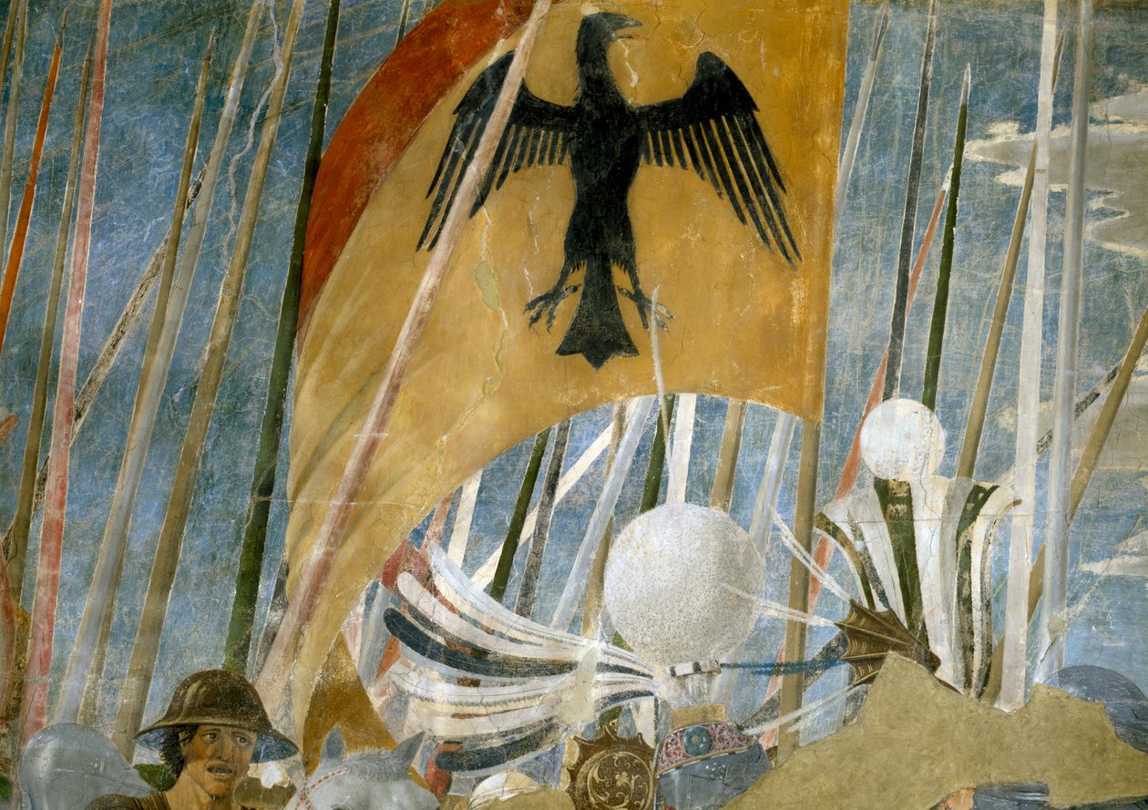 Legenden om det sanne kors, Konstantins seier i slaget ved Milvian Bridge, detalj av banneret, ferdigstilt freskomaleri fra 1464 av Piero della Francesca