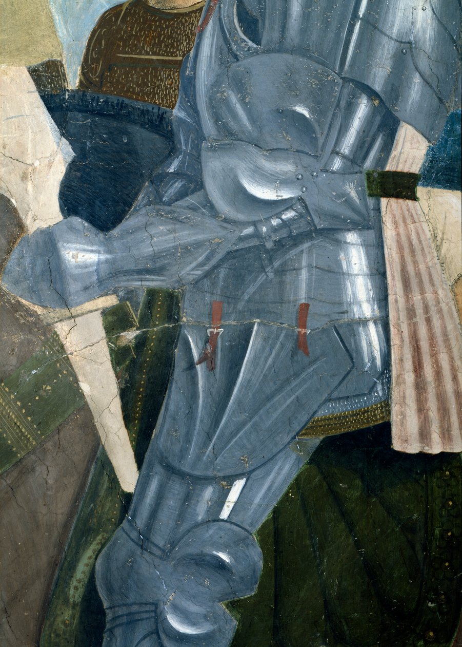 Legenden om det sanne kors, Konstantins seier i slaget ved Milvian Bridge, detalj av rustning, fullført freskomaleri fra 1464 av Piero della Francesca