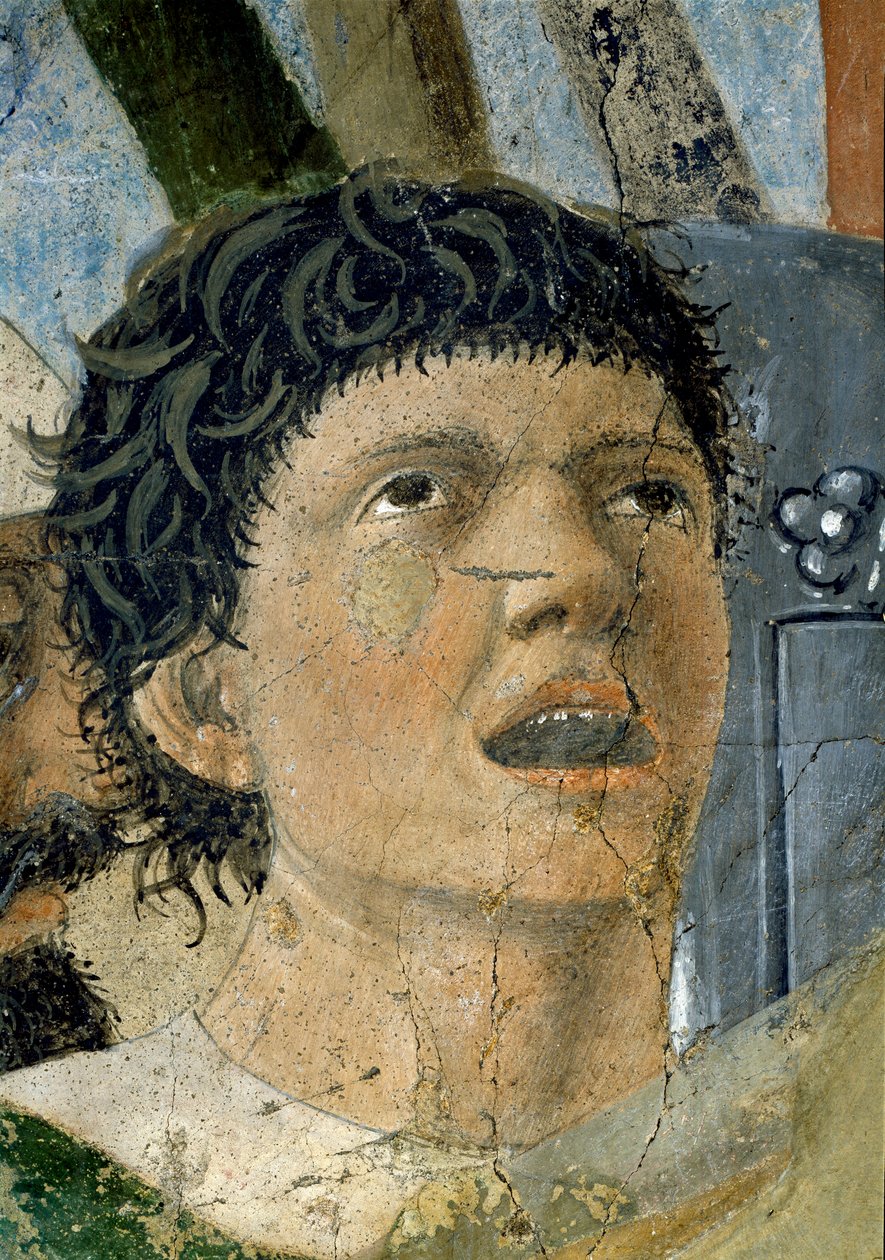 Legenden om det sanne kors, Konstantins seier i slaget ved Milvian Bridge, detalj av en ropende mann, fullført freskomaleri fra 1464 av Piero della Francesca