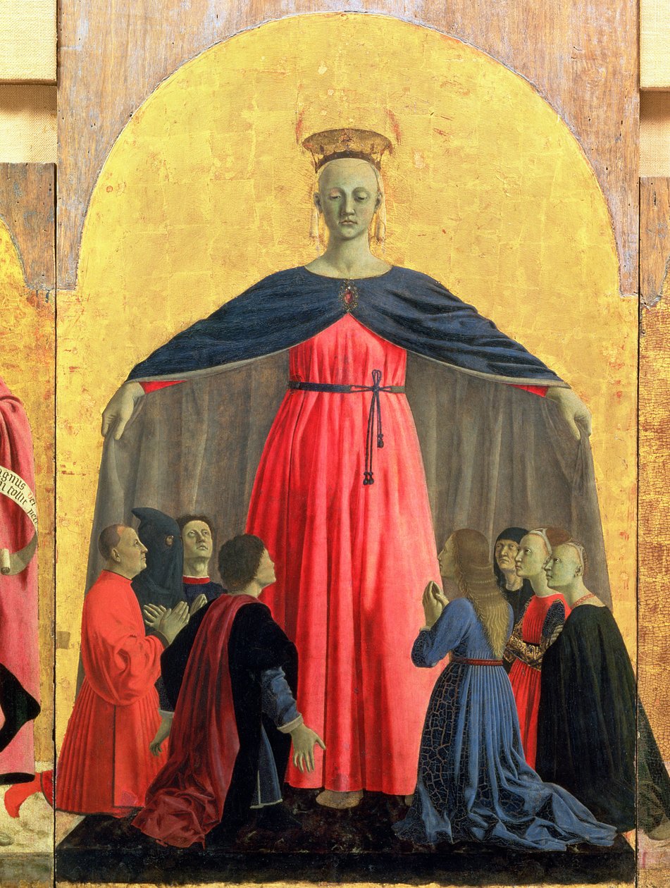 The Madonna of Mercy, sentralpanel fra Misericordia altertavle, 1445 tempera på paneldetalj av 95884 av Piero della Francesca