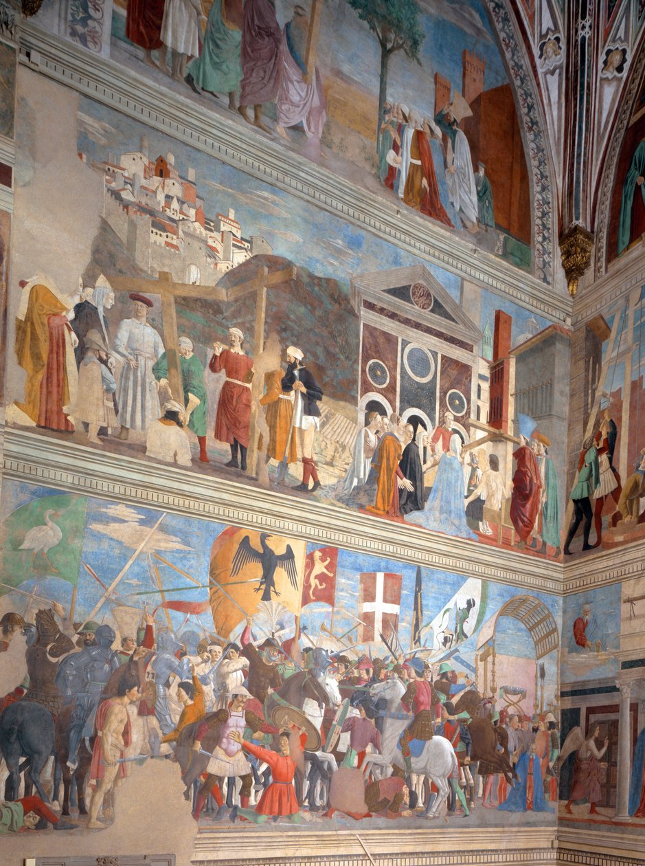 Verifikasjonen av det sanne kors, seieren til Heraclius og henrettelsen av Chosroes i 628 e.Kr., fra Legend of the True Cross-syklus, fullført 1464 (etter restaurering) av Piero della Francesca