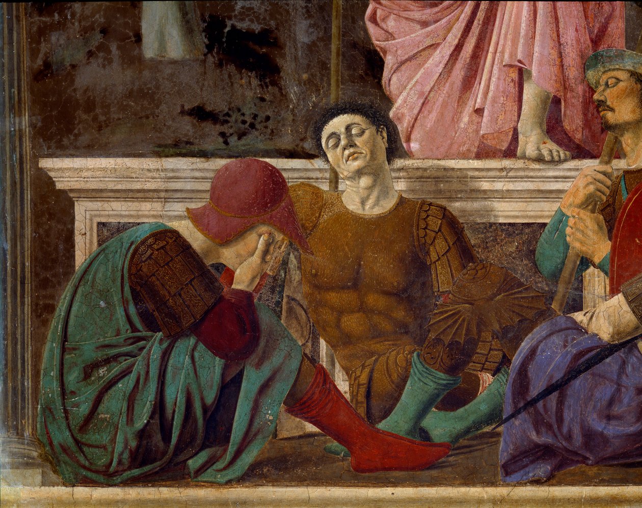 Kristi oppstandelse. Detalj av de søvnige romerske soldatene. Maleri av Pietro av Benedetto dei Franceschi dit Piero della Francesca (1422-1492) av Piero della Francesca