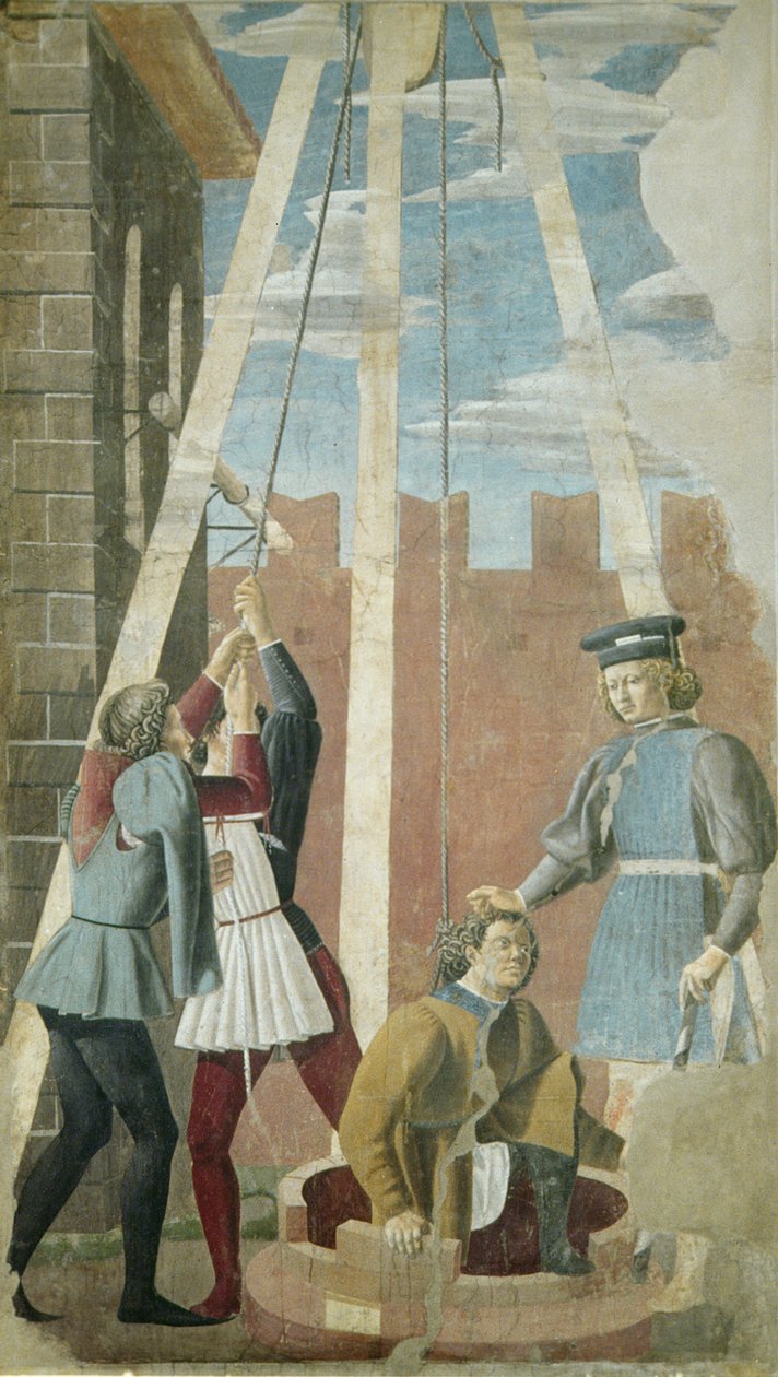Tortur av jøden: Judas blir trukket fra brønnen, fra den sanne korssyklusen, fullført 1464 (fresco) av Piero della Francesca