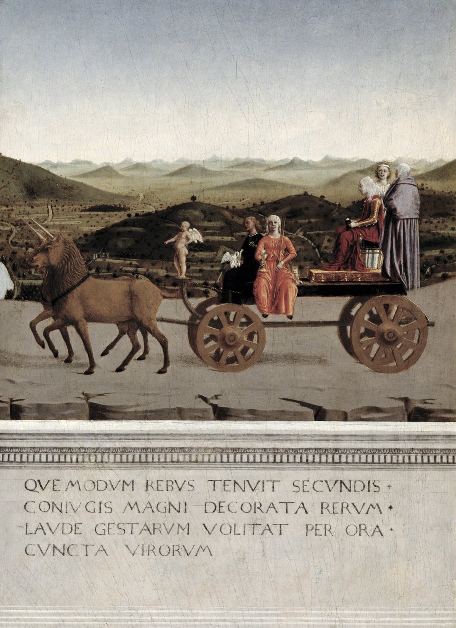 Triumf av Battista Sforza, hertuginne av Urbino. Battista og hennes tjenerinne, to teologiske dyder og en nonne blir trukket i en triumfbil av to brune enhjørninger, etter 1472 (tempera på panel) (detalj av Piero della Francesca