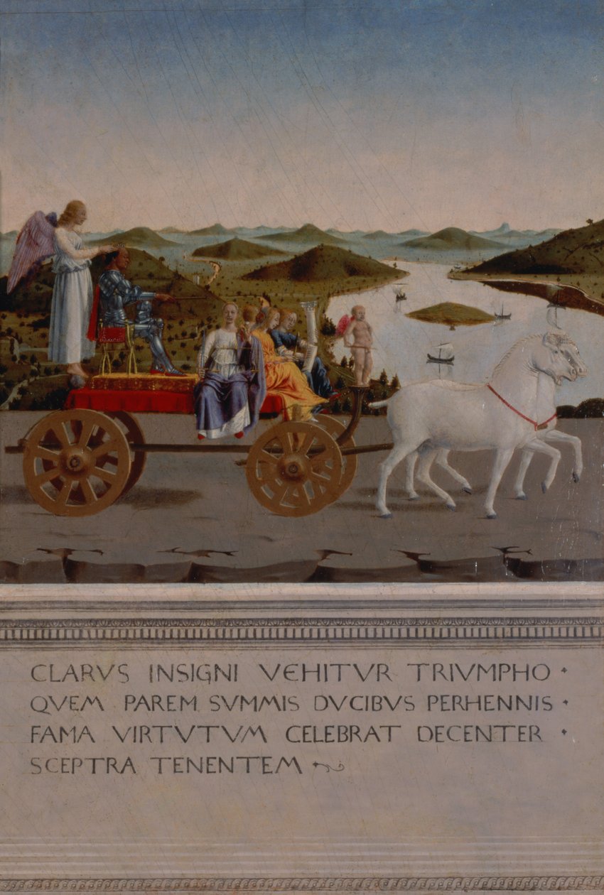 Triumf av Federigo da Montefeltro, hertug av Urbino; Federigo og de fire kardinaldydene i en triumfbil tegnet av hvite enhjørninger, bevinget Victory som holder den hertugelige kronen, malt etter 1474 (pan av Piero della Francesca