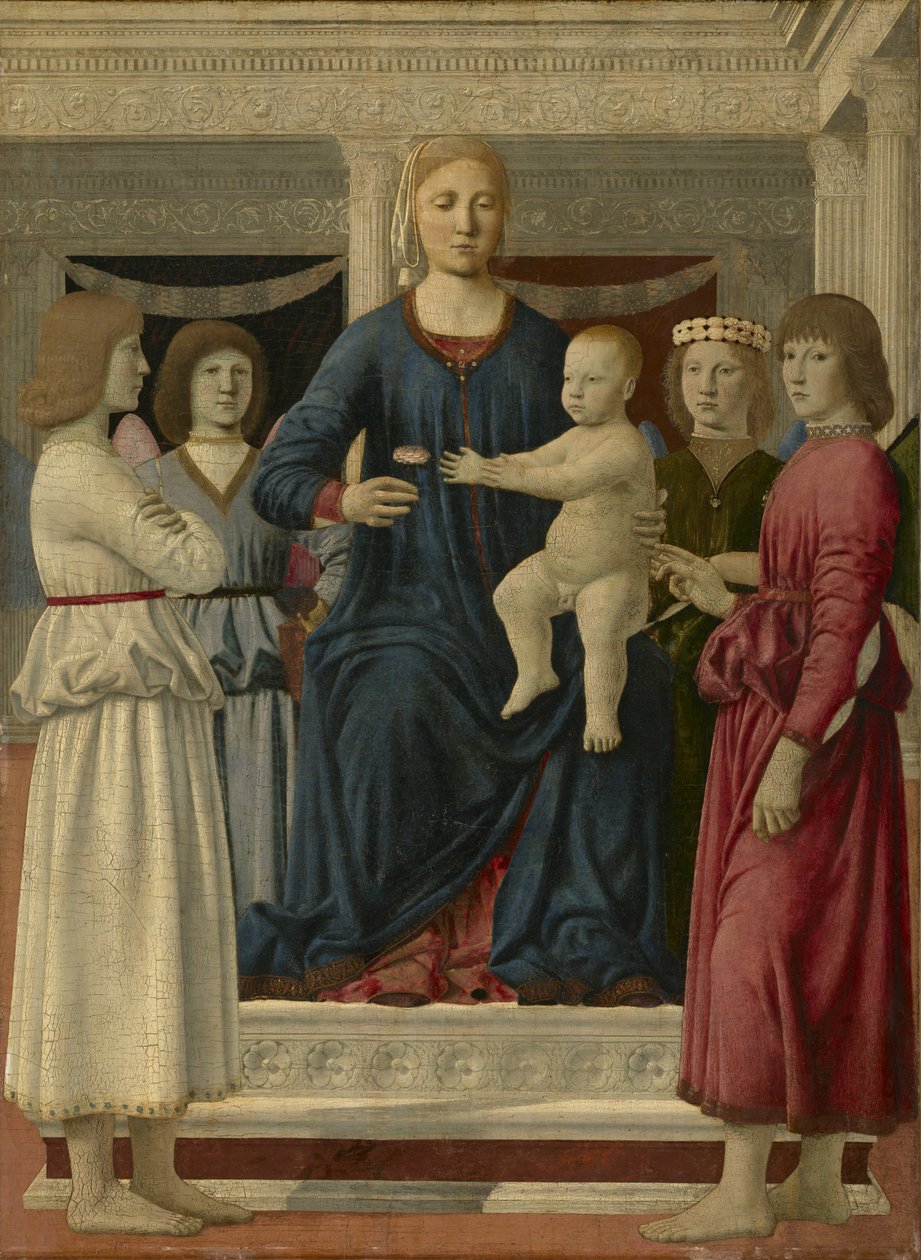 Jomfru og barn tronet med fire engler, ca. 1460-70 av Piero della Francesca