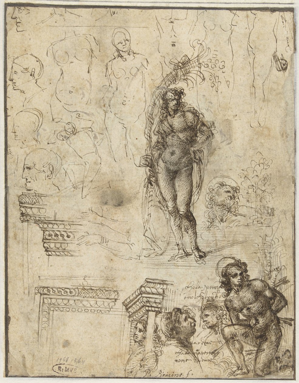 Studieark med hoder, figurer og arkitektoniske fragmenter Studieark med hoder, figurer og arkitektoniske fragmenter av Piero di Cosimo (attributed to)
