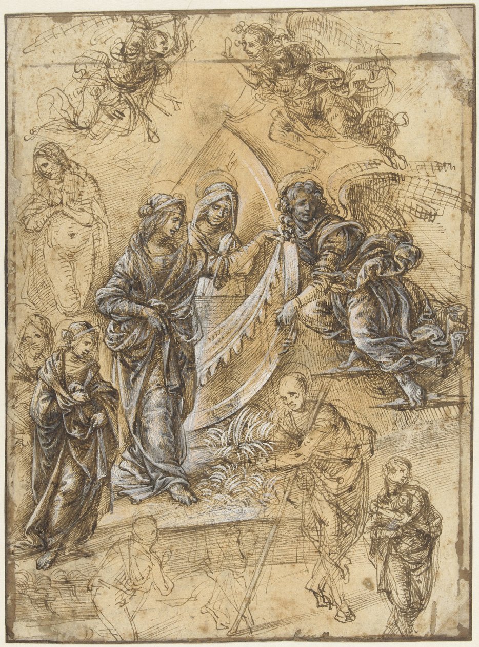 Studieark med jomfru Maria, hellige, engler og figurer fra tilbedelsen av magiene av Piero di Cosimo (attributed to)