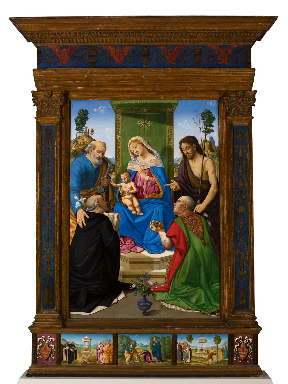 Madonna med barnet på tronen med de hellige Peter, Johannes Døperen, Dominikus og Nikolas av Bari av Piero di Cosimo