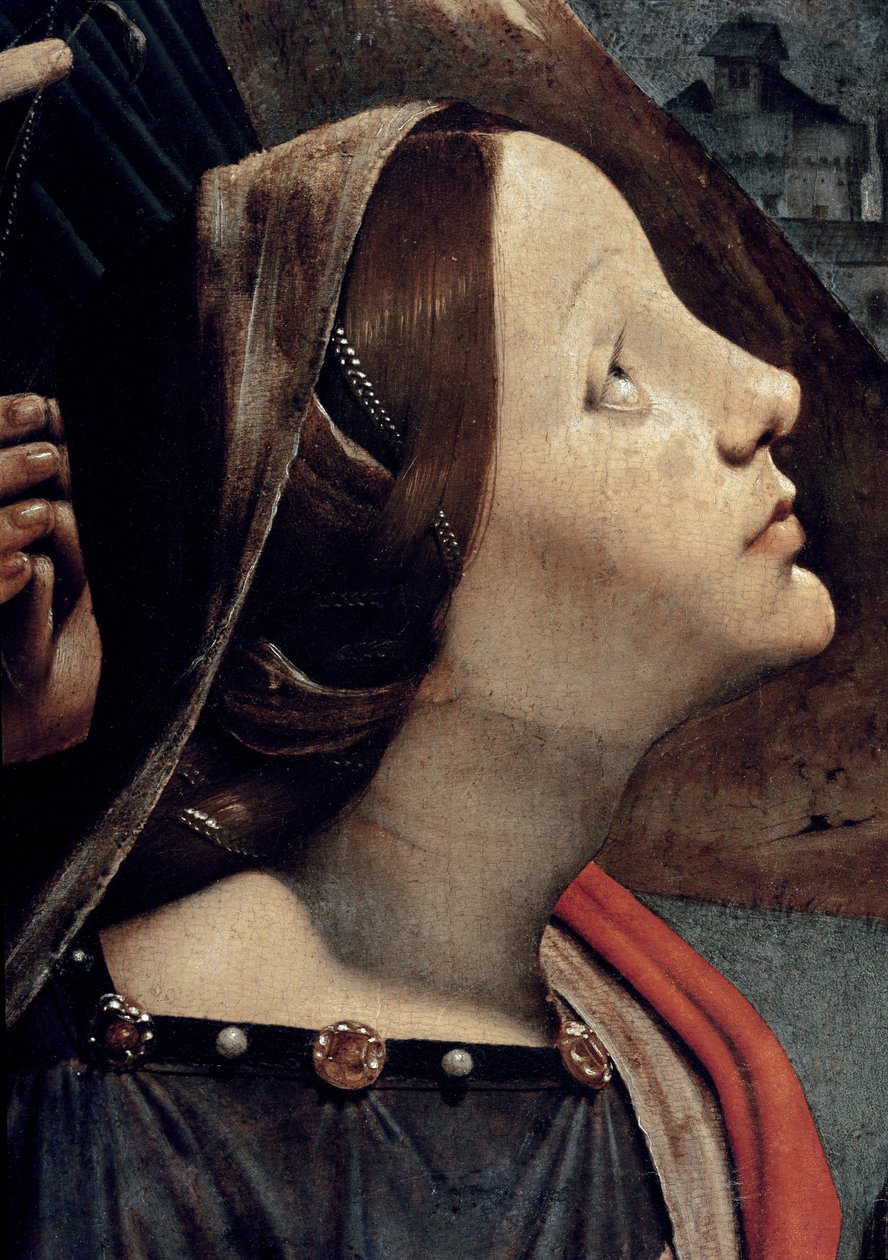 St. Katarina av Alexandria, detalj av Jomfru og Barn på tronen omgitt av helgener (olje og tempera på panel, ca. 1493) av Piero di Cosimo