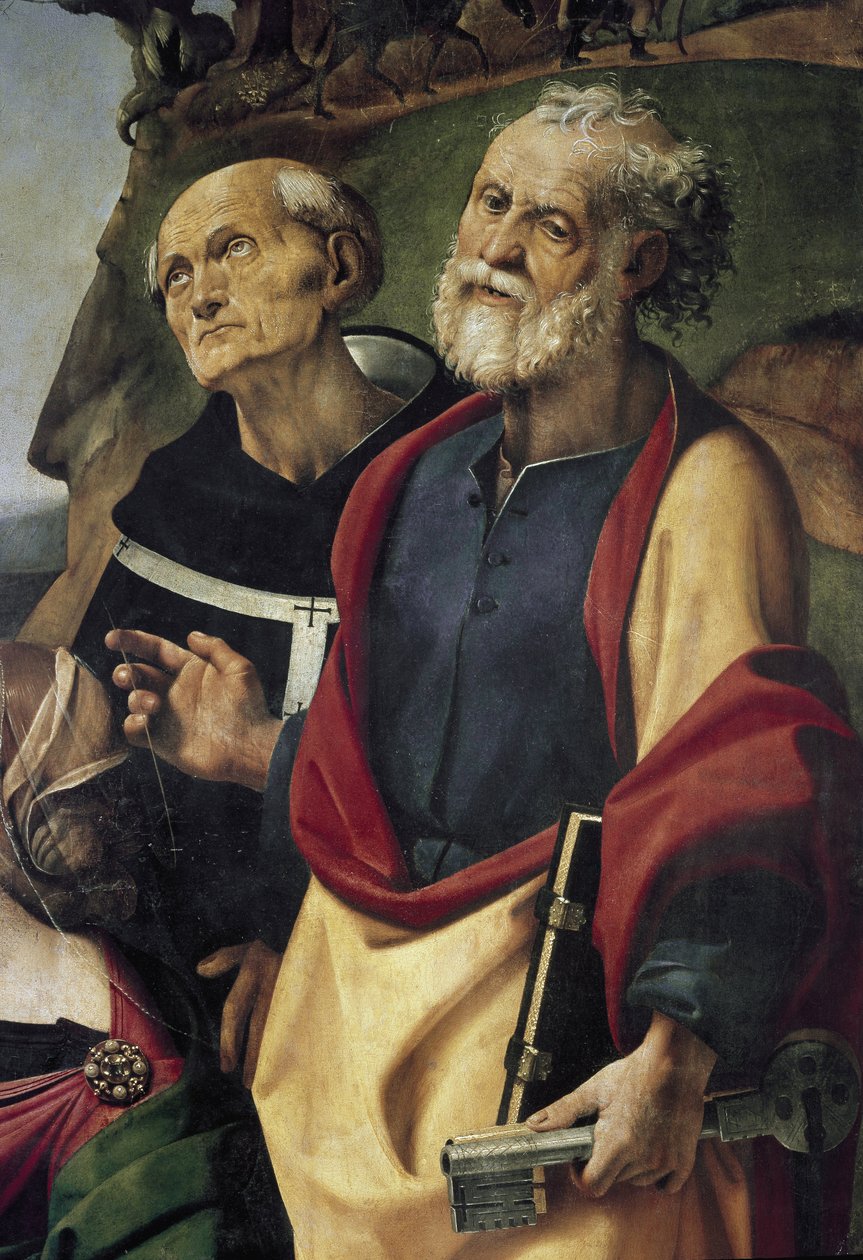 St. Peter og St. Philip Benizi, detalj av Jomfru og Barn på tronen omgitt av helgener (olje og tempera på panel, ca. 1493) av Piero di Cosimo