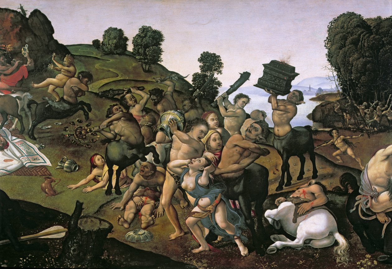 Kampen mellom lapithene og kentaurene, (detalj av kentaurene som angriper lapitene) ca. 1490-tallet, (olje på tre) av Piero di Cosimo