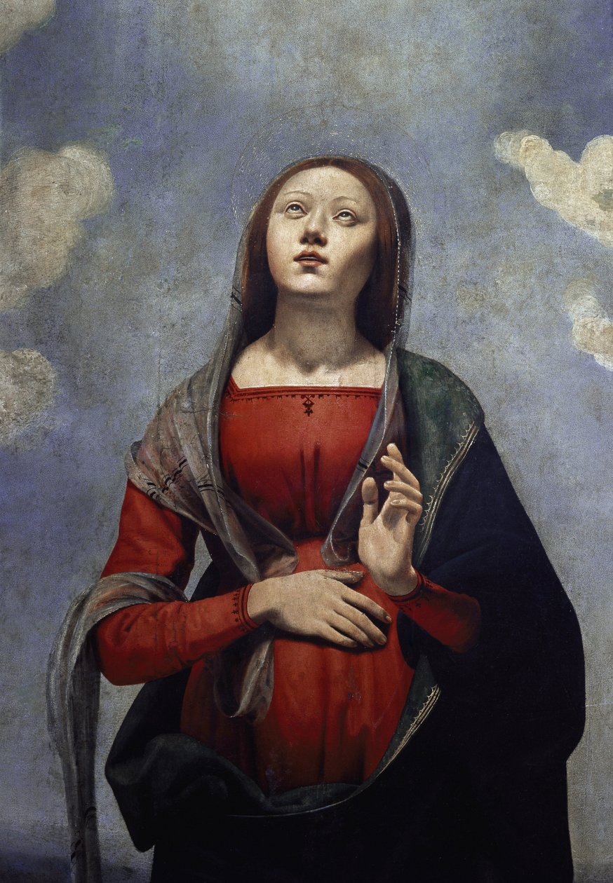 Jomfru Maria med Den Hellige Ånds due over seg, omgitt av seks hellige. detalj (olje på lerret, ca. 1505) av Piero di Cosimo