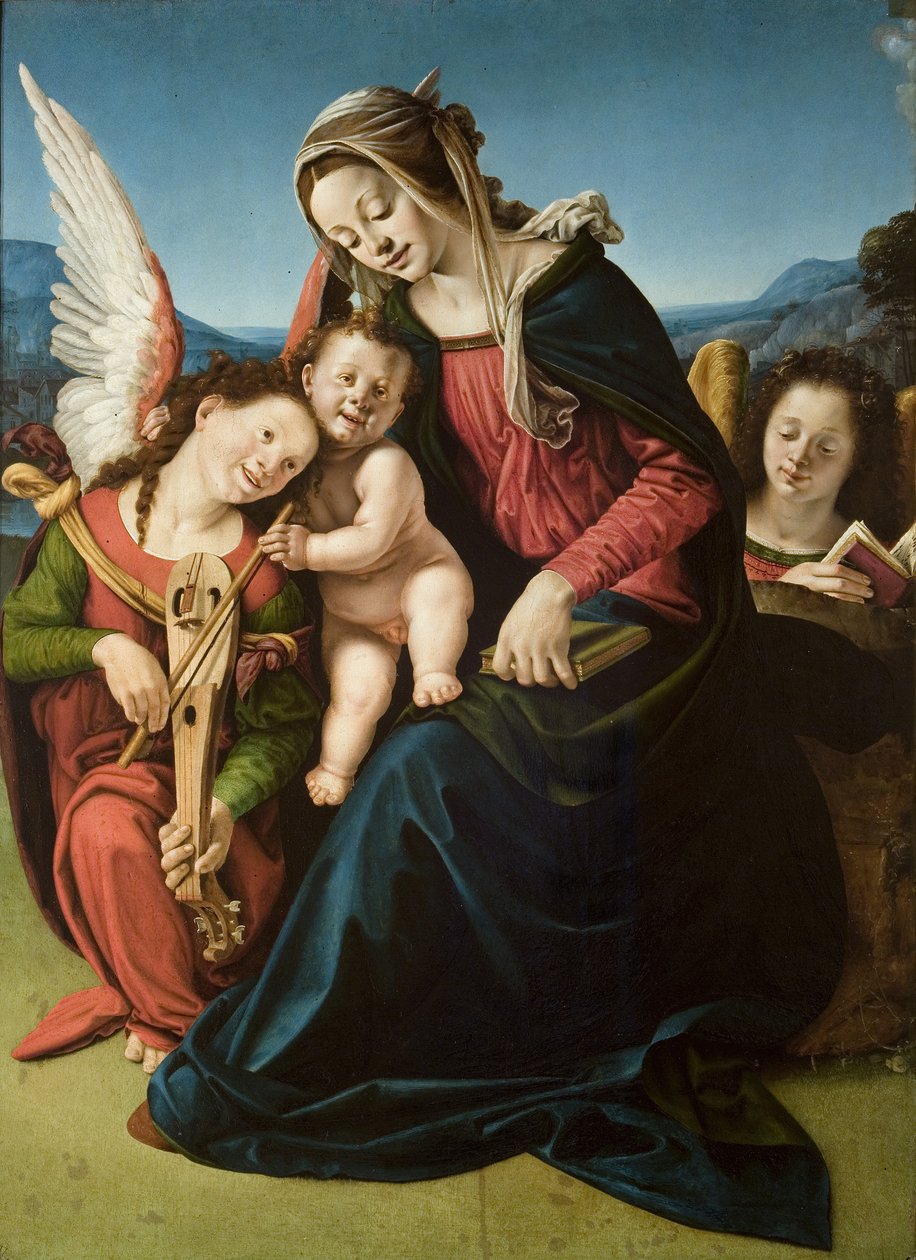 Jomfruen og barnet med to engler, ca. 1507 (olje på tre) av Piero di Cosimo