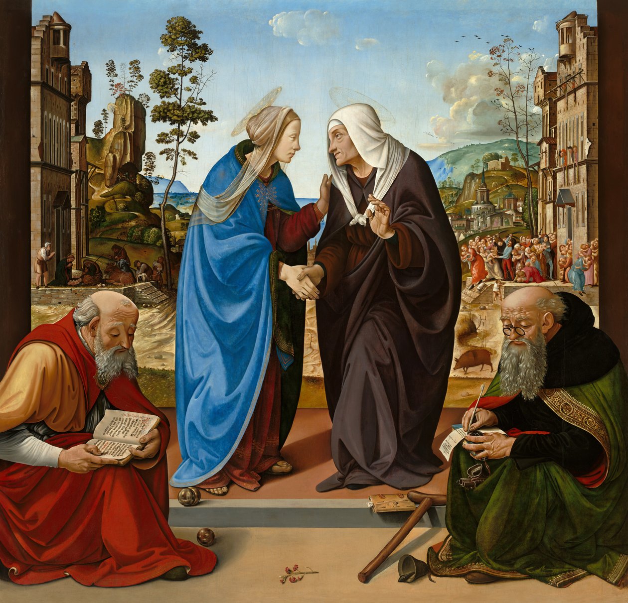 Besøket med Saint Nicholas og Saint Anthony Abbed av Piero di Cosimo