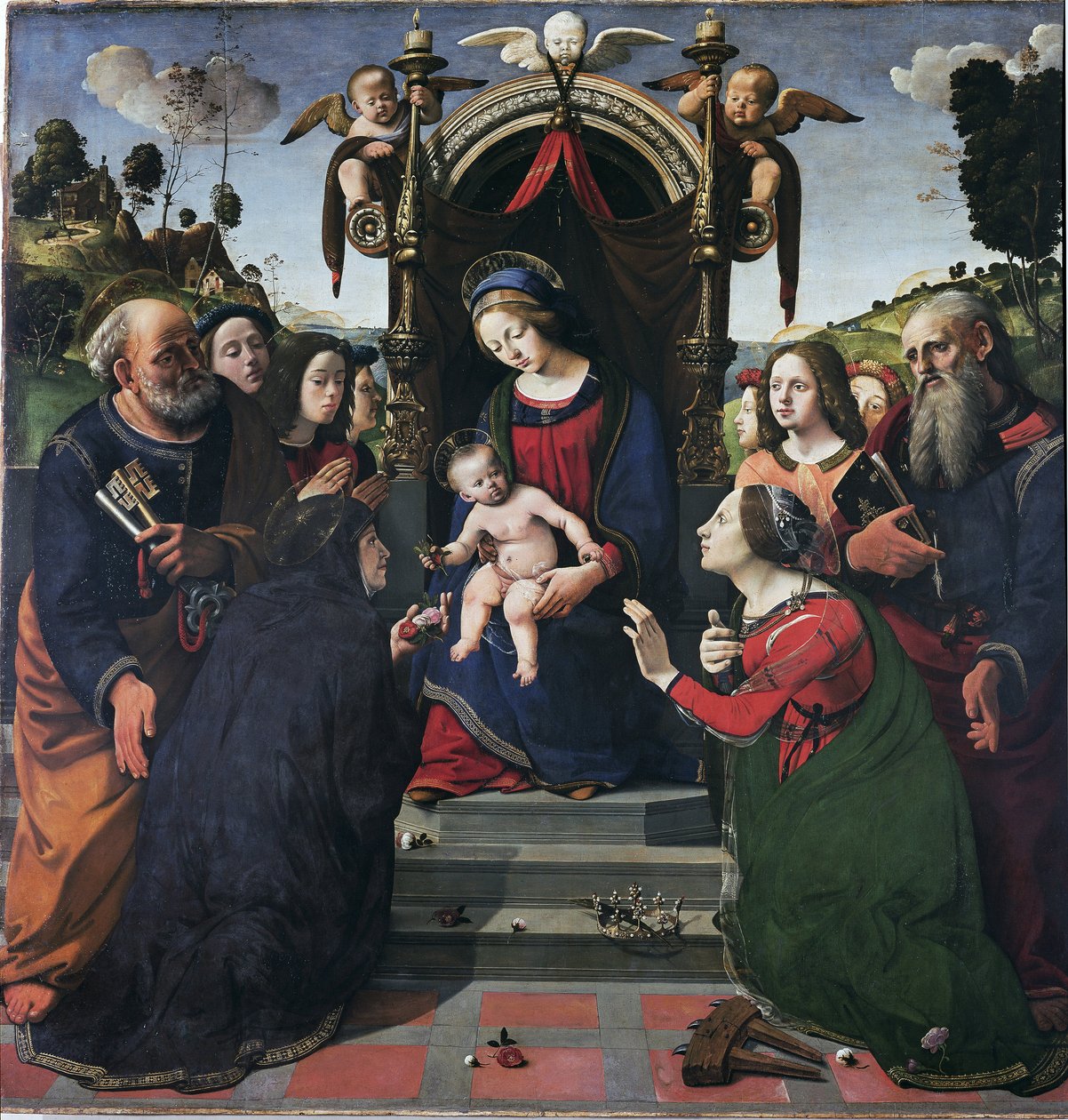 Jomfru og barn på tronen omgitt av helgener (olje og tempera på panel, ca. 1493) av Piero di Cosimo